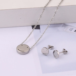 Minimalist Smiley Face Pendant Necklace And Round Stud Earrings Titanium Steel Polished Jewelry For Women