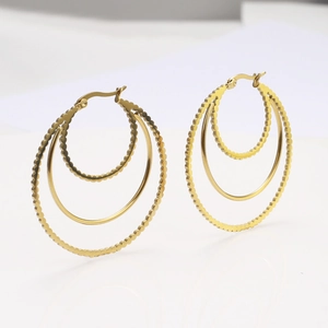 Triple Layer Nested Round Hoop Earrings Wave Texture 18K Gold Plated Titanium Stainless Steel Jewelry For Women