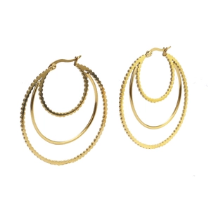 Polished gold titanium steel triple hoop earrings with textured outer rings for women