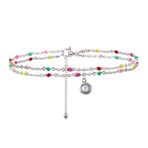 Double Layer Stainless Steel Anklet For Women Colorful Enamel Beads Bell Zirconia Pendant Beach Jewelry Gold Silver