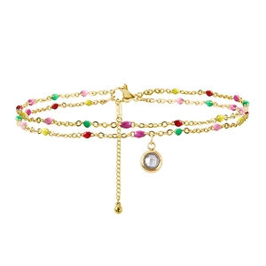 Double-layered gold stainless steel anklet with colorful enamel beads and zircon pendant