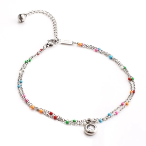 Double-layer stainless steel anklet with colorful beads, zircon pendant and a small bell