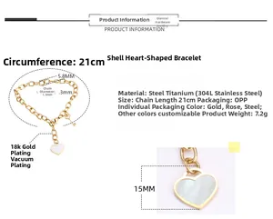 Detailed specs of gold heart shell bracelet with dimensions and 304L steel material info