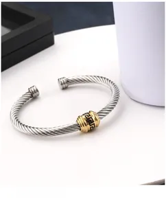 Macro view of silver cable bracelet featuring a gold Greek key pattern charm bead