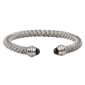 Silver stainless steel cable wire open bangle featuring elegant black bead terminals