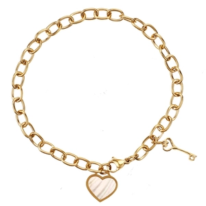 Bohemian Titanium Steel Bracelet With Shell Inlaid Heart Pendant And Key Charm Link Chain Jewelry For Women