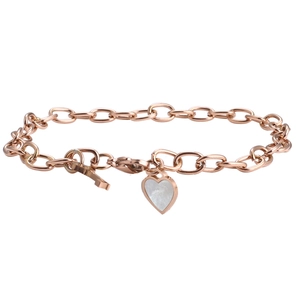 Rose gold chain bracelet with white shell heart and key charms on a white background