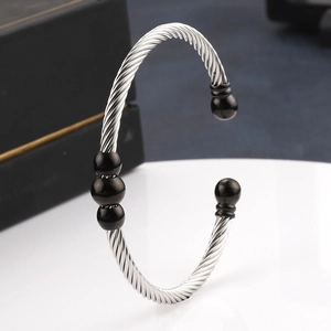 Silver twisted cable stainless steel C-shaped cuff bracelet with black polished beads