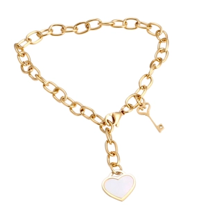 Gold-plated titanium steel chain bracelet with heart shell pendant and a small key charm