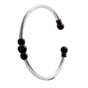 Titanium steel twisted cable open cuff bracelet with three black spherical bead accents