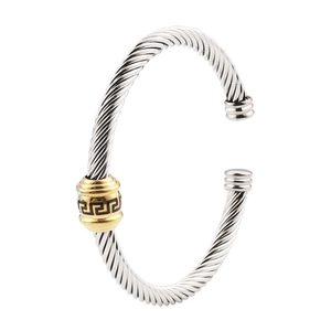 Twisted cable cuff bracelet in silver and gold steel with Greek key motif bead