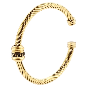 18K gold plated stainless steel cable bracelet with Greek key pattern and spiral twist