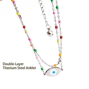 Böhmische Evil Eye Fußkette mit bunten Perlen und zweilagigen Titanstahlketten
