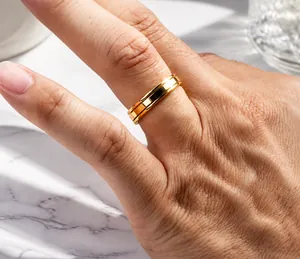Detail of minimalist 2mm gold titanium steel ring featuring a sleek double-layered band design