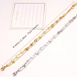 Minimalist double-layer titanium steel heart anklet with gold and silver finish, 24cm+6cm