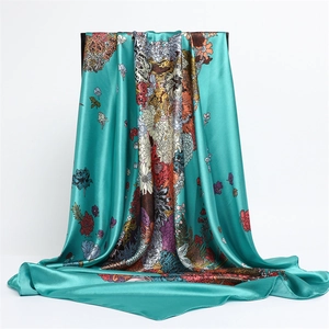 Floral horse print silk satin square scarf in teal blue with elegant drape for women