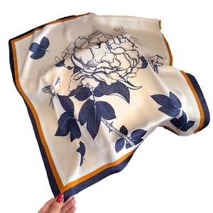 French style floral silk scarf featuring champagne gold base and blue bird patterns