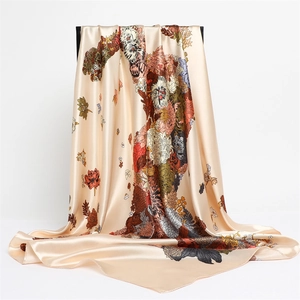 Floral horse print silk satin square scarf and large shawl for women with golden sheen