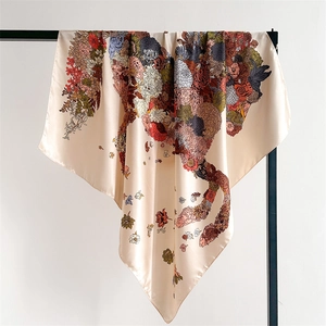 Macro shot of large square scarf featuring vintage floral print and silky satin texture