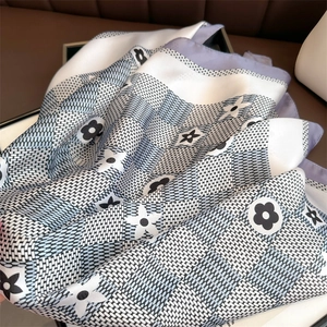 Close-up of checkerboard and floral print silk scarf with smooth satin texture