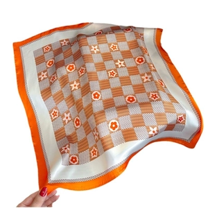 Orange and white floral checkered silk scarf with premium smooth texture and drape