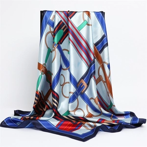 Elegant vintage equestrian satin silk square scarf with blue and white belt print pattern