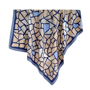 Gradient geometric mosaic silk scarf with vintage horse print and elegant blue borders