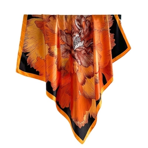 Floral print silk square scarf with orange gradient and black border for women