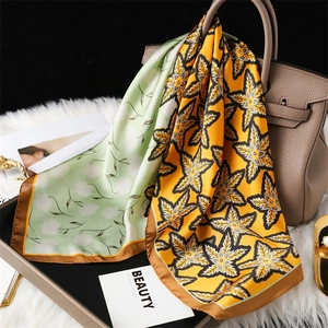 Fashion Women Faux Satin Square Scarf Floral Maple Leaf Print Color Block Polyester Satin Neck Kerchief Headband