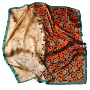 Orange and beige patchwork silk square scarf with floral print and hand-rolled edges