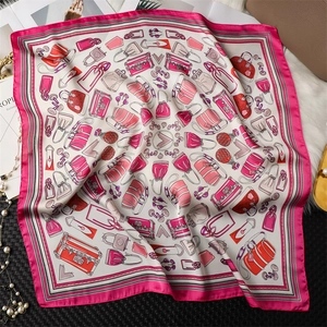 Detailed pattern of a square silk scarf with fashion handbag and luggage illustrations
