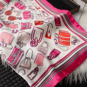 Detail of silk square scarf featuring fashion accessory prints and pink borders
