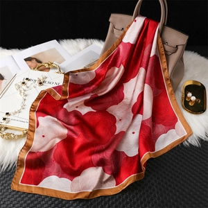 Square Scarf Women Satin Polyester Satin Like Camellia Floral Print Neck Head Scarf Fashion Elegant Vintage Accessories