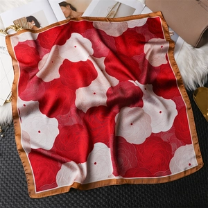Elegant 70cm camellia floral silk scarf with red and beige print and golden border
