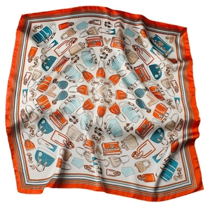Vintage French style silk square scarf with retro handbag prints and orange borders