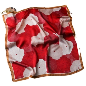 Retro camellia print satin square scarf in burgundy and cream with dark tan borders