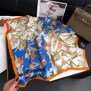 Elegant iris flower silk square scarf with blue and orange borders for women