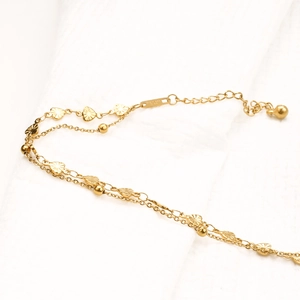 Double-layer 18k rose gold plated titanium steel anklet with heart charms and beads