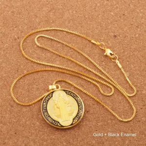 Gold stainless steel Saint Benedict medal pendant necklace with black enamel inlay