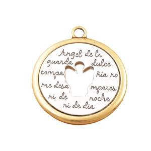 Custom stainless steel round angel pendant with engraved Spanish prayer and gold trim