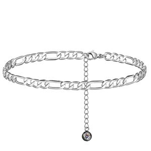 Bracelet de cheville Figaro argenté avec fermoir mousqueton et cristal aurora