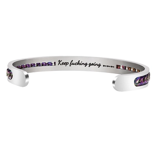 Stainless steel C-shaped cuff bracelet with motivational engraving and rainbow chain inlay