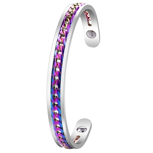 Stainless steel magnetic bracelet with rainbow Cuban chain inlay in C-shaped cuff design