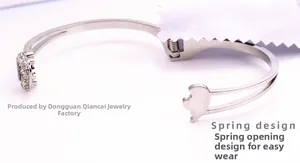 Détail du bracelet en acier inoxydable argenté avec ouverture à ressort et décor en zircon