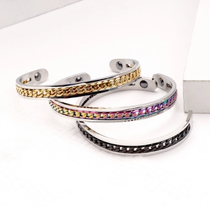 Three-piece magnetic therapy C-shape stainless steel bracelets in gold, rainbow, and black