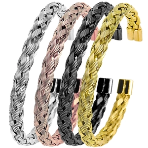 Fashion Braided Stainless Steel Open Bangle Twisted Cable Mesh Cuff Bracelet For Women Men Minimalist Jewelry Accessories