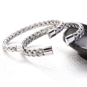Minimalist silver stainless steel braided mesh C-shape cuff bracelet with polished square ends