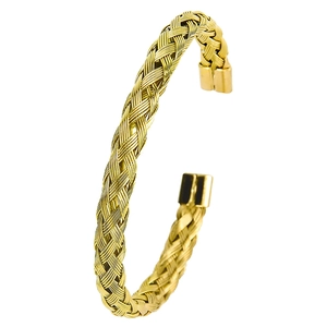 Golden woven mesh C-shape cuff bracelet with twisted stainless steel wire design
