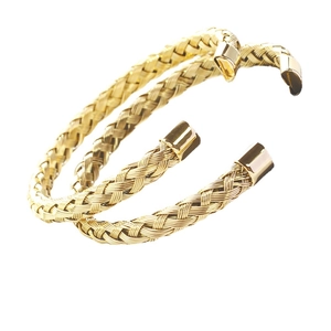 Golden braided mesh stainless steel C-shaped open cuff bracelet for women