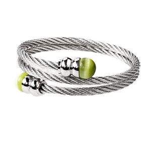 Bracciale a cavo in acciaio inossidabile argento con pietre occhio di gatto verdi e design aperto